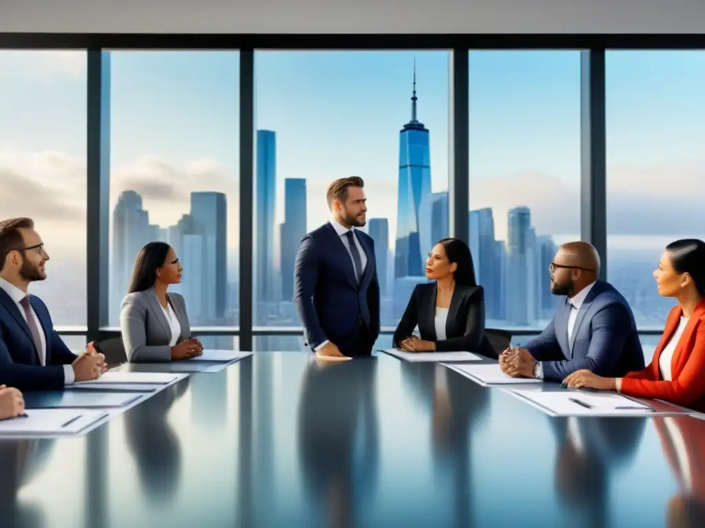 Profesionales expertos debaten sobre inversiones inmobiliarias Grupo diverso de profesionales en trajes de negocios discutiendo inversiones inmobiliarias, evitando errores comunes