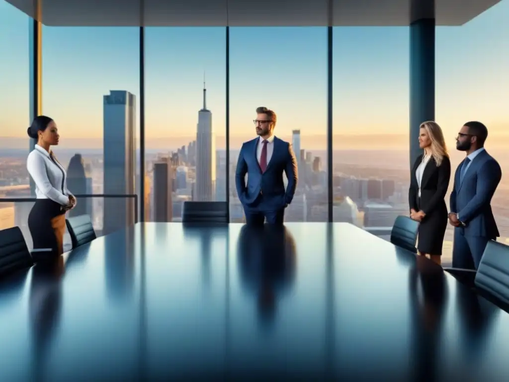 Equipo profesional diverso en sala de juntas de alto nivel Un grupo diverso de profesionales en trajes de negocios, seguros y competentes en una moderna sala de juntas con vista a la ciudad