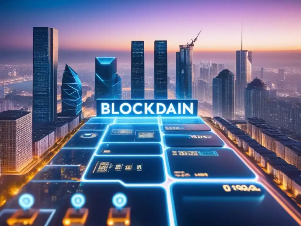 Ciudad Futurista con Blockchain en la Inversión Inmobiliaria Un grupo diverso de profesionales discuten transacciones inmobiliarias globales aseguradas por blockchain, en una futurista ciudad iluminada