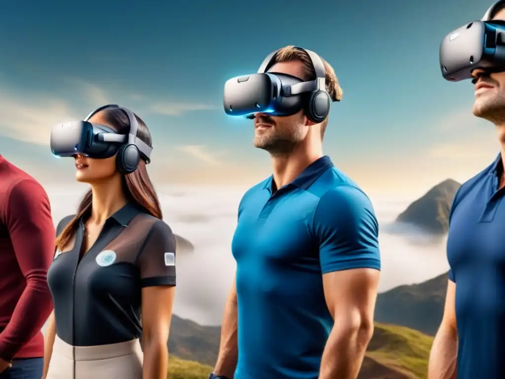Experiencia inmersiva de real estate: tecnología de vanguardia Grupo diverso experimenta en realidad virtual un proyecto inmobiliario futurista