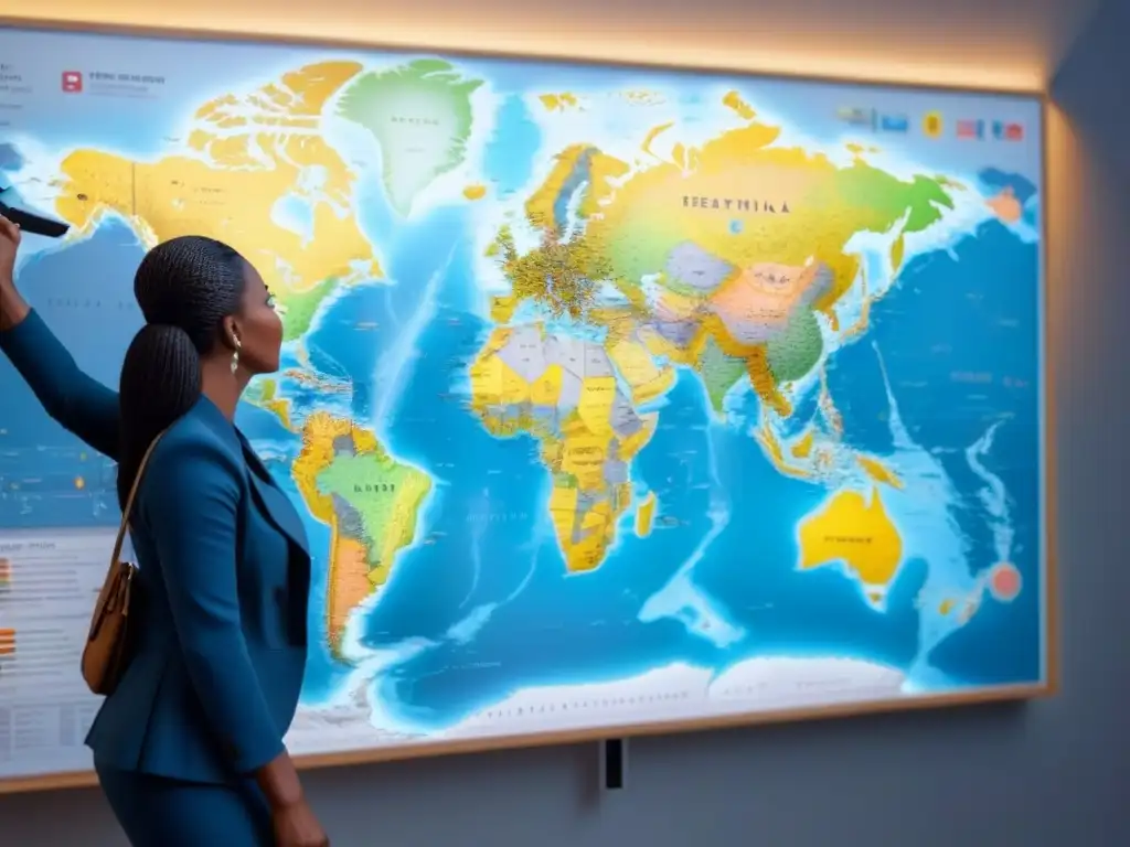 Grupo diverso discute regulaciones alquiler propiedad internacional en mapa mundial detallado con coloridos alfileres