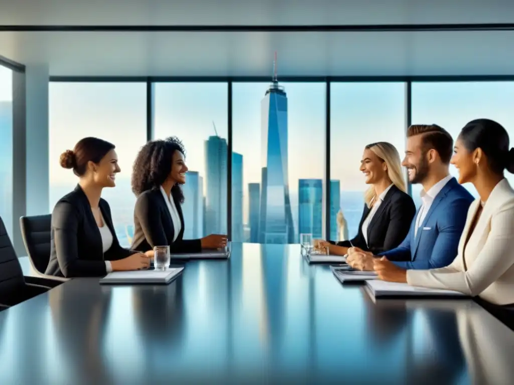 Jóvenes exitosos debaten estrategias de inversión inmobiliaria global en oficina de lujo Un grupo diverso de Millennials sonrientes discuten estrategias de inversión inmobiliaria internacional en una oficina de alto standing