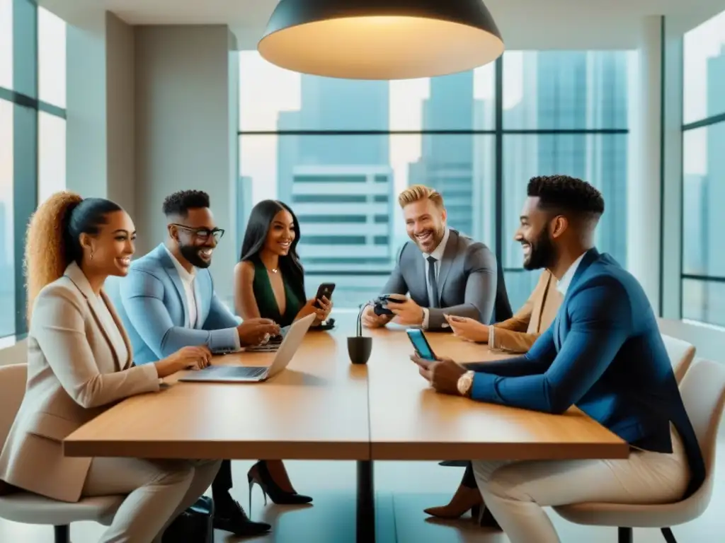 Reunión innovadora de millennials en el mercado inmobiliario Grupo diverso de millennials sonrientes en mesa de reuniones moderna, colaborando en oportunidades inmobiliarias para Millennials