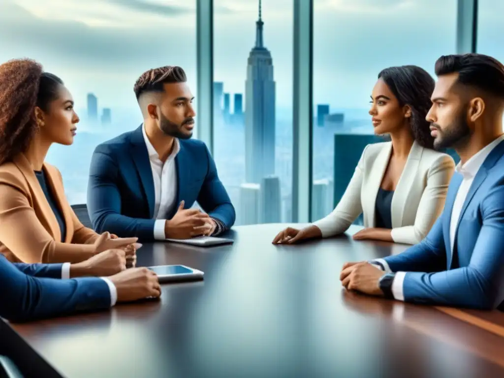 Jóvenes profesionales debaten estrategias de inversión inmobiliaria en oficina moderna con vista panorámica Un grupo diverso de millennials en traje discuten estrategias de inversión inmobiliaria en una oficina moderna con vistas a la ciudad