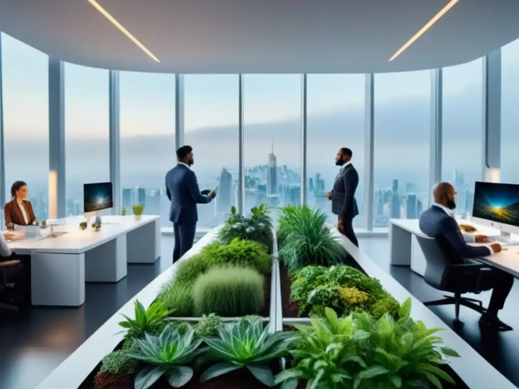 Oficina futurista y sostenible: innovación y colaboración Grupo diverso en traje de negocios colaborando en oficina futurista sostenible, reflejando la importancia derechos propiedad desarrollo sostenible