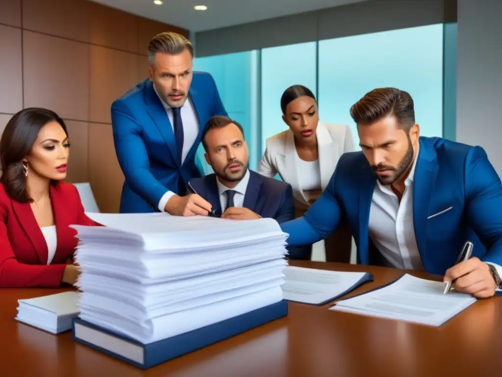 Vacacionistas confundidos en reunión legal internacional Un grupo diverso de vacacionistas frustrados rodeados de documentos legales en una oficina moderna con un abogado internacional serio