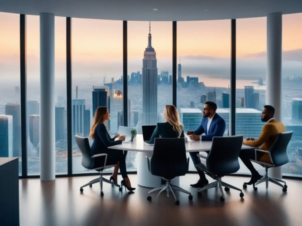 Jóvenes Millennials en oficina moderna discuten estrategias de inversión inmobiliaria Un grupo de jóvenes Millennials discutiendo estrategias de inversión inmobiliaria internacional en una oficina moderna con vista a la ciudad