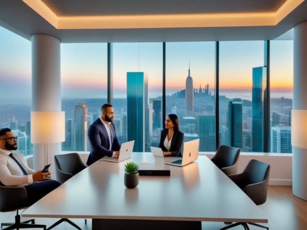 Influencers de real estate innovando en oficina 8k Un grupo de influencers en mercado inmobiliario internacional colaborando en una oficina moderna con vista a la ciudad