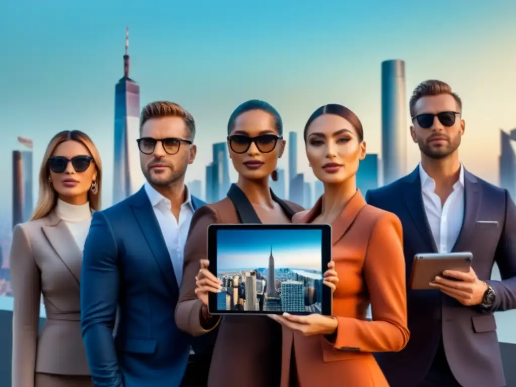 Influencers internacionales de lujo en la ciudad del futuro Grupo de influenciadores en bienes raíces internacionales frente a un skyline lujoso y moderno, mostrando propiedades globales en tabletas digitales