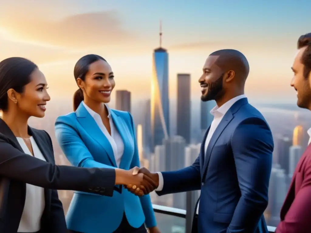 Inversionistas internacionales exitosos unidos en escenario futurista Un grupo internacional de inversores en bienes raíces celebra victorias legales frente a un horizonte futurista de rascacielos