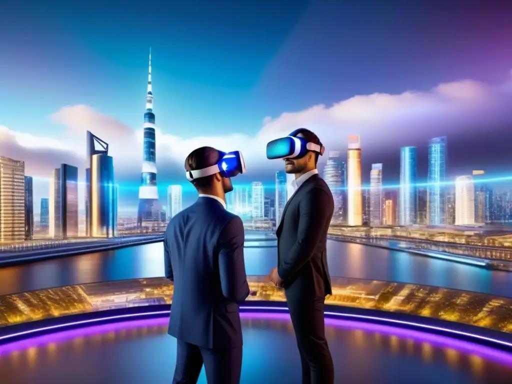 Inversionistas internacionales exploran mercado inmobiliario virtual Un grupo internacional de inversores inmersos en un mercado inmobiliario virtual futurista