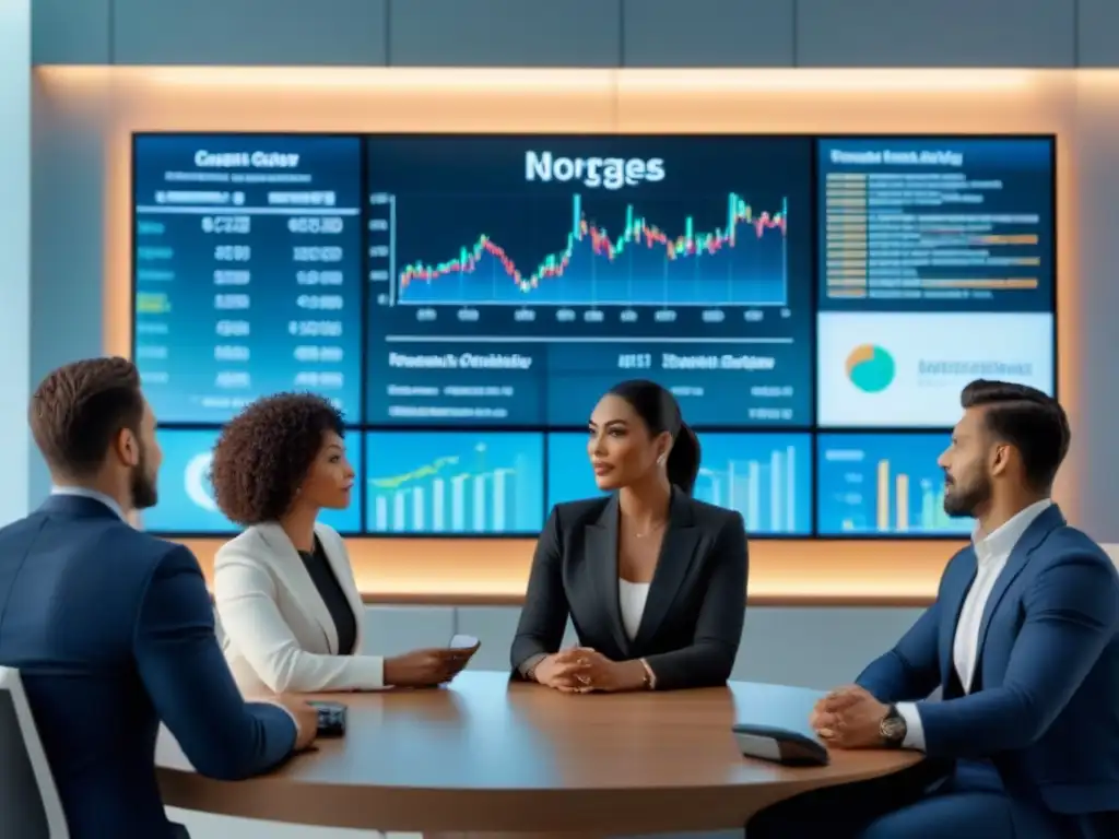 Profesionales internacionales discuten hipotecas en moderna oficina global Grupo internacional de no residentes discutiendo sobre hipotecas en moderna oficina con gráficos financieros globales