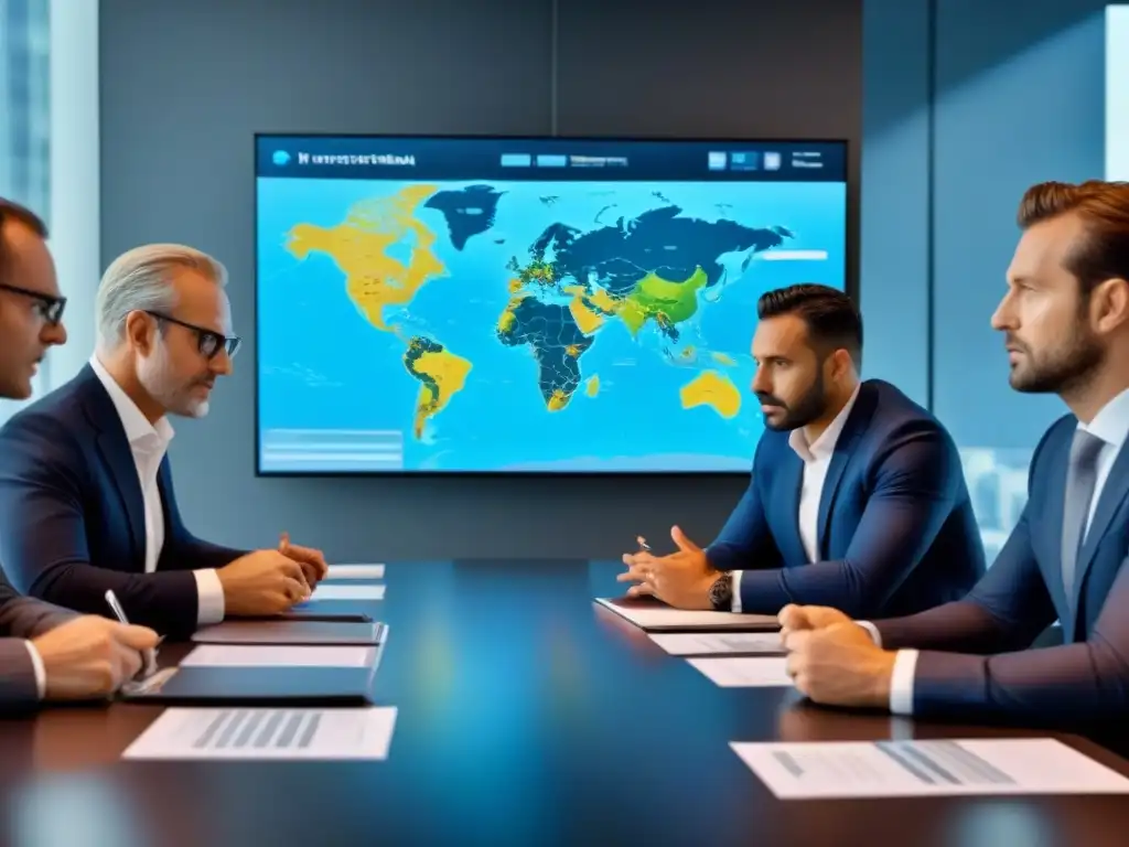 Inversores globales en sala de juntas moderna Grupo de inversores globales en sala de juntas moderna, enfocados en prevención fraude inmobiliario