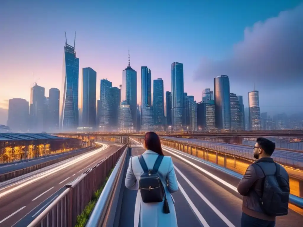 Grupo de jóvenes profesionales colaborando en una ciudad moderna al anochecer