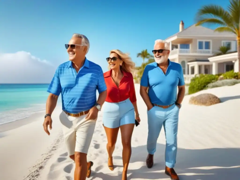 Retirados exitosos disfrutan su inversión en tiempo compartido Un grupo de jubilados felizmente saliendo de un tiempo compartido, rodeados de símbolos de éxito financiero y una playa soleada al fondo