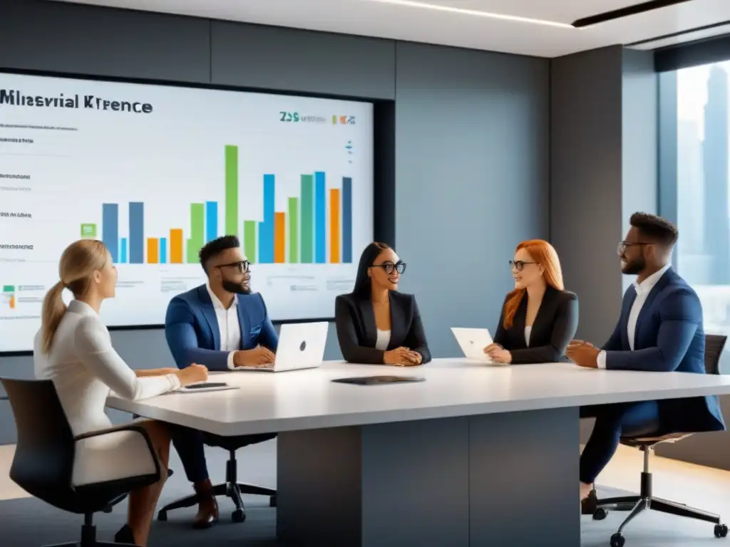 Conferencia Millennial: Tendencias de inversión inmobiliaria Un grupo de Millennials se reúne en una moderna oficina para discutir tendencias de inversión inmobiliaria internacional