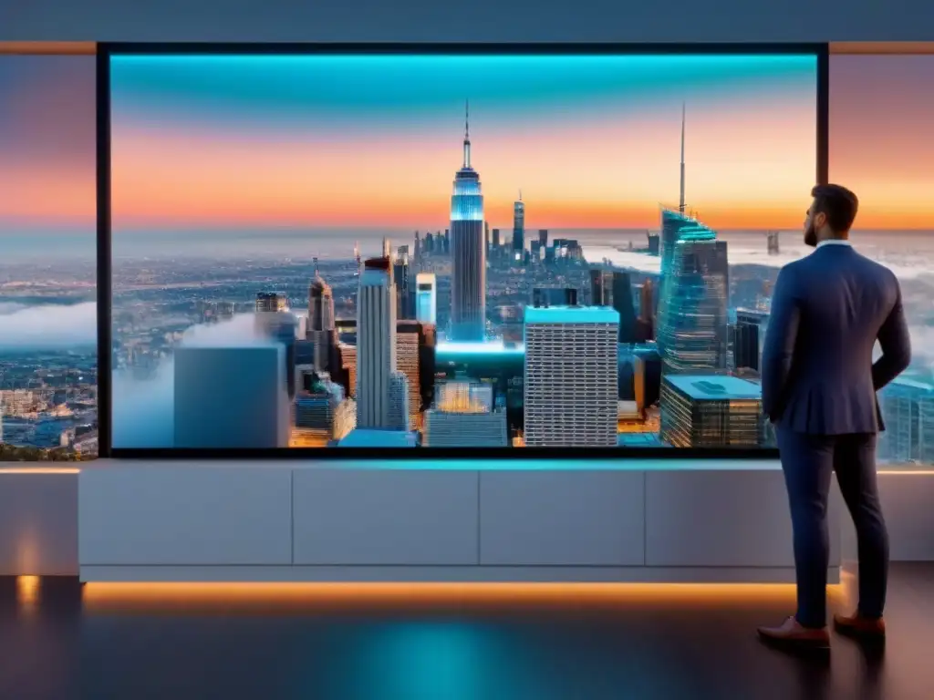 Innovación inmobiliaria: millennials colaboran en inversión 8k holográfica Un grupo de millennials diversos se reúne alrededor de una pantalla holográfica futurista, analizando oportunidades de crowdfunding inmobiliario