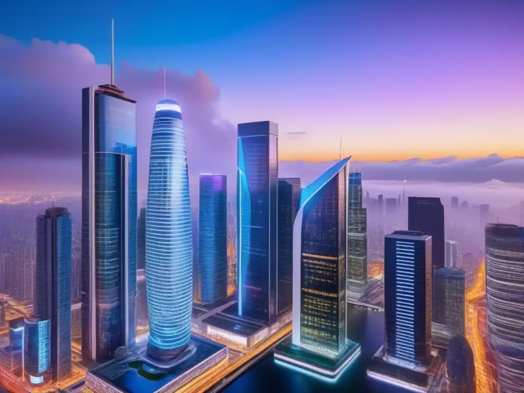 Metrópolis futurista: Analítica inmobiliaria en hologramas Un grupo de profesionales analiza hologramas en una ciudad futurista al anochecer, símbolo de Plataformas gestión inmobiliaria internacionales