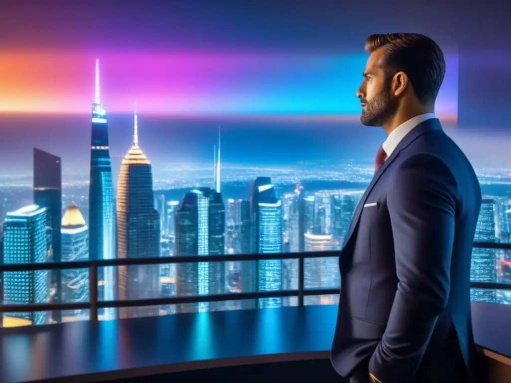 Expertos en Real Estate en Ciudad Futurista con Tecnología de Vanguardia Grupo de profesionales en un paisaje urbano futurista de noche, con rascacielos iluminados y hologramas de datos financieros