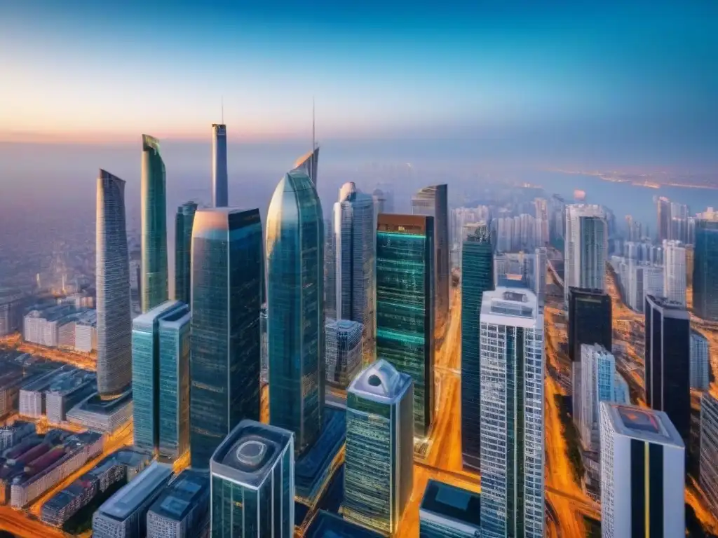 Horizonte urbano moderno: impulso global inmobiliario Guía tasas interés mercado inmobiliario: Vista aérea impresionante de ciudad moderna con rascacielos y calles transitadas