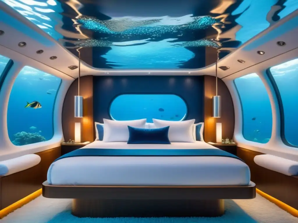 Habitación submarina de lujo: opulencia y tranquilidad bajo el mar Una habitación submarina de lujo con cama king size, iluminación submarina y decoración elegante en azul y plata