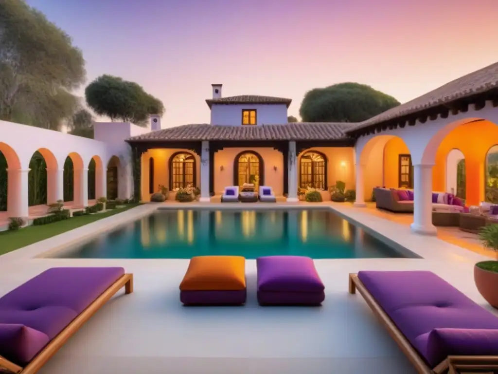 Hacienda de lujo al atardecer: modernidad y tradición Una hacienda de lujo al atardecer rodeada de naturaleza exuberante y flores, con arquitectura tradicional y toque moderno