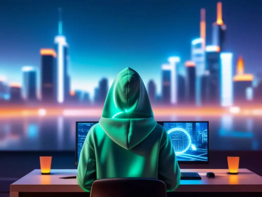 Skyline futurista y hacker: riesgos cibernéticos en inmobiliaria Un hacker en la oscuridad de una ciudad futurista destaca la importancia de la ciberseguridad en fusiones inmobiliarias