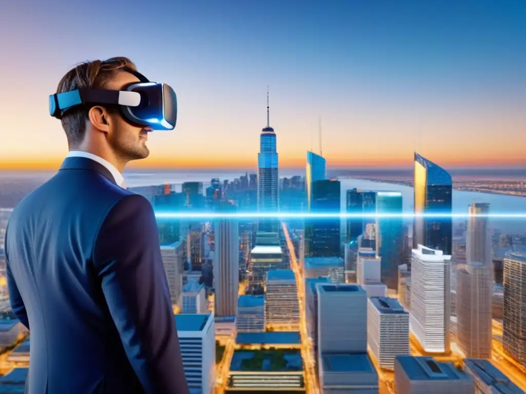 Realidad Virtual en Inspecciones Inmobiliarias: Fusión Futurista Un headset futurista de Realidad Virtual en un entorno digital, representando la integración de la tecnología en Inspecciones Inmobiliarias