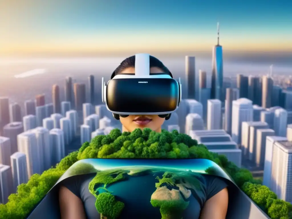 Ciudad digital futurista en visor de realidad virtual Un headset de realidad virtual flotando con una ciudad digital innovadora, ideal para Realidad Virtual en Inversiones Inmobiliarias