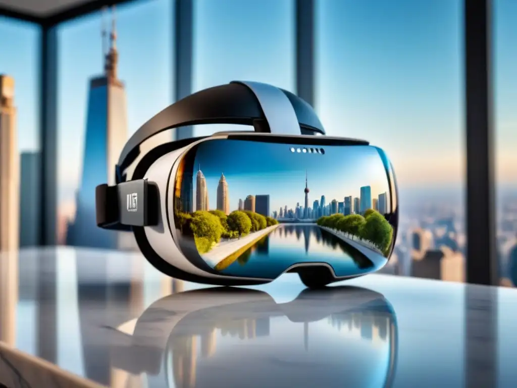Realidad virtual: webinar inmobiliario global Un headset de realidad virtual futurista sobre un mostrador de mármol, reflejando una ciudad moderna de rascacielos y calles bulliciosas