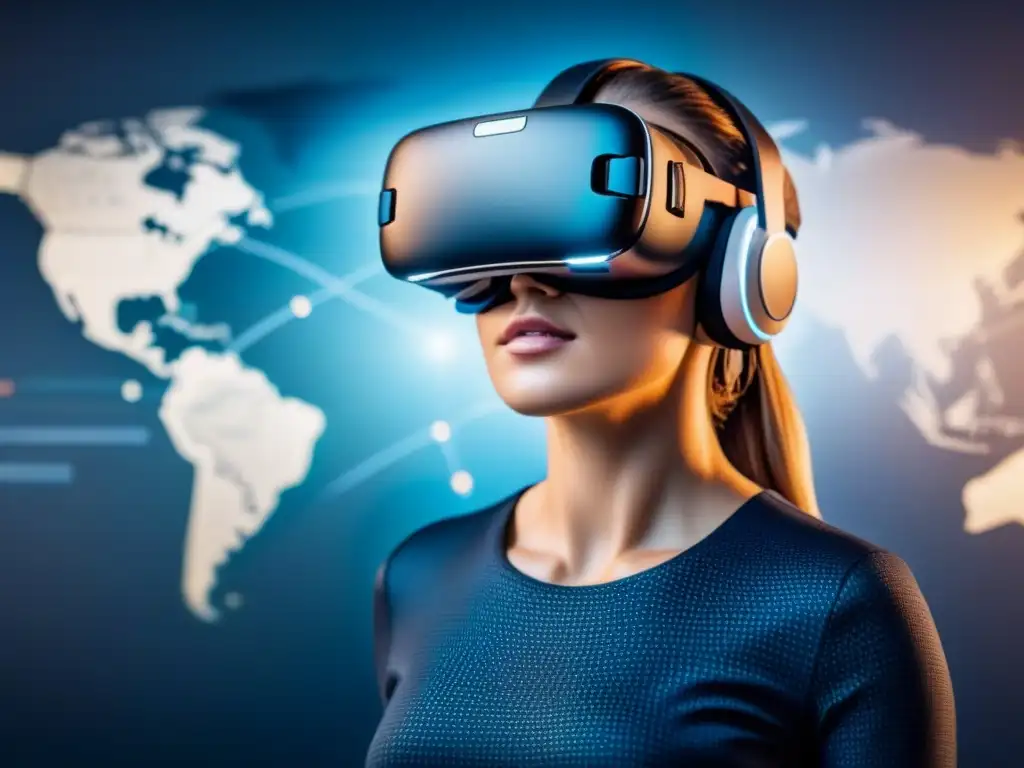 Headset VR futurista sobre mapa global inmobiliario Un headset de realidad virtual moderno frente a un mapa inmobiliario global