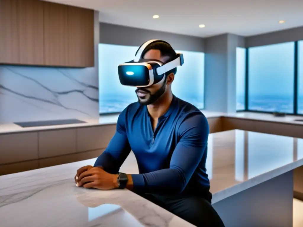 Experiencia inmersiva en real estate con tecnología de vanguardia Un headset de realidad virtual ultramoderno en una elegante encimera de mármol, mostrando un tour inmersivo de una propiedad moderna