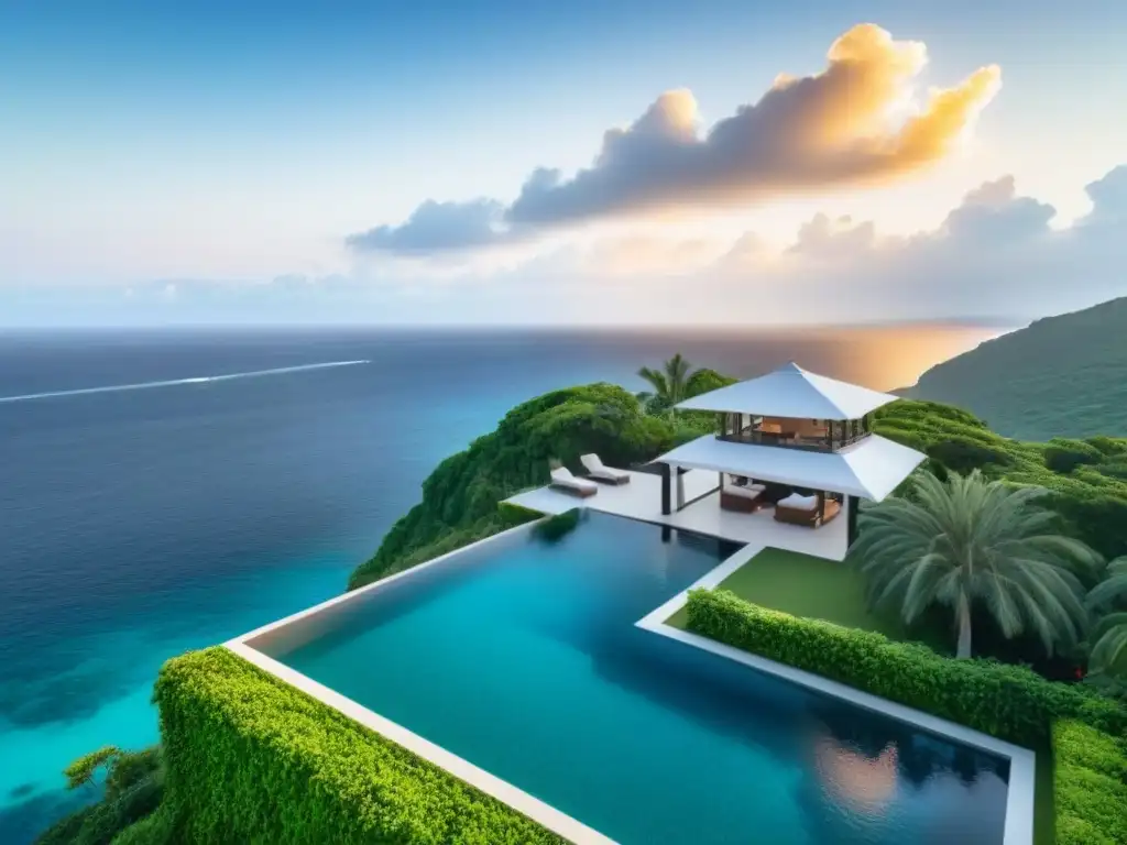 Propiedad de lujo con piscina infinita privada y vista al mar turquesa Hermosa propiedad vacacional con piscina infinita privada y vistas al mar turquesa al atardecer