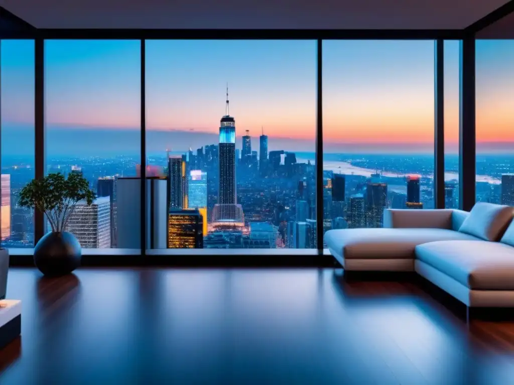 Residencia de lujo: minimalismo y modernidad en el skyline urbano Hermosa residencia de lujo minimalista con vista panorámica de ciudad al atardecer