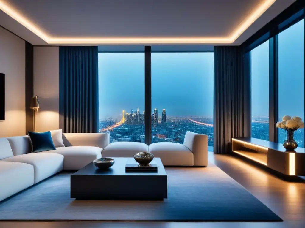 Salón de lujo con tecnología inteligente en apartamento de altura Hermosa sala de estar de lujo en un apartamento de gran altura con elementos tecnológicos propiedades inversión