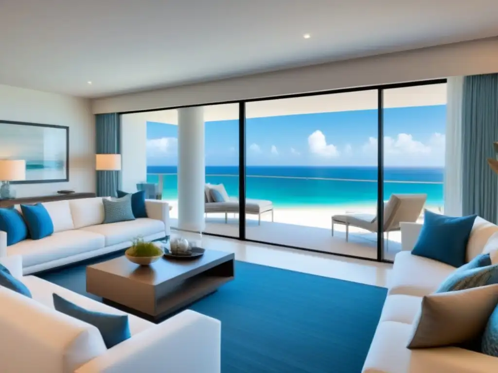 Salón de lujo en propiedad compartida junto a la playa Hermosa sala de estar moderna en propiedad compartida, con mobiliario elegante y vistas a la playa