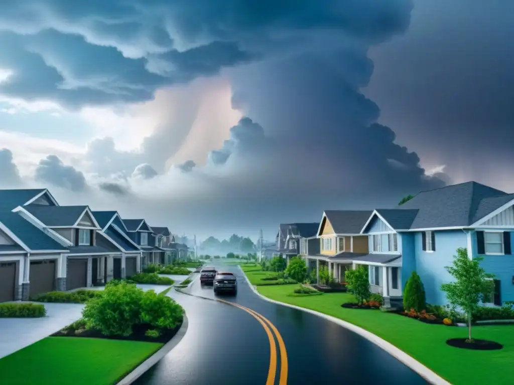 Vecindario seguro: casas resistentes al tornado en entorno sereno Hermosa ilustración de vecindario seguro en zona propensa a tornados, con casas modernas y seguro propiedad