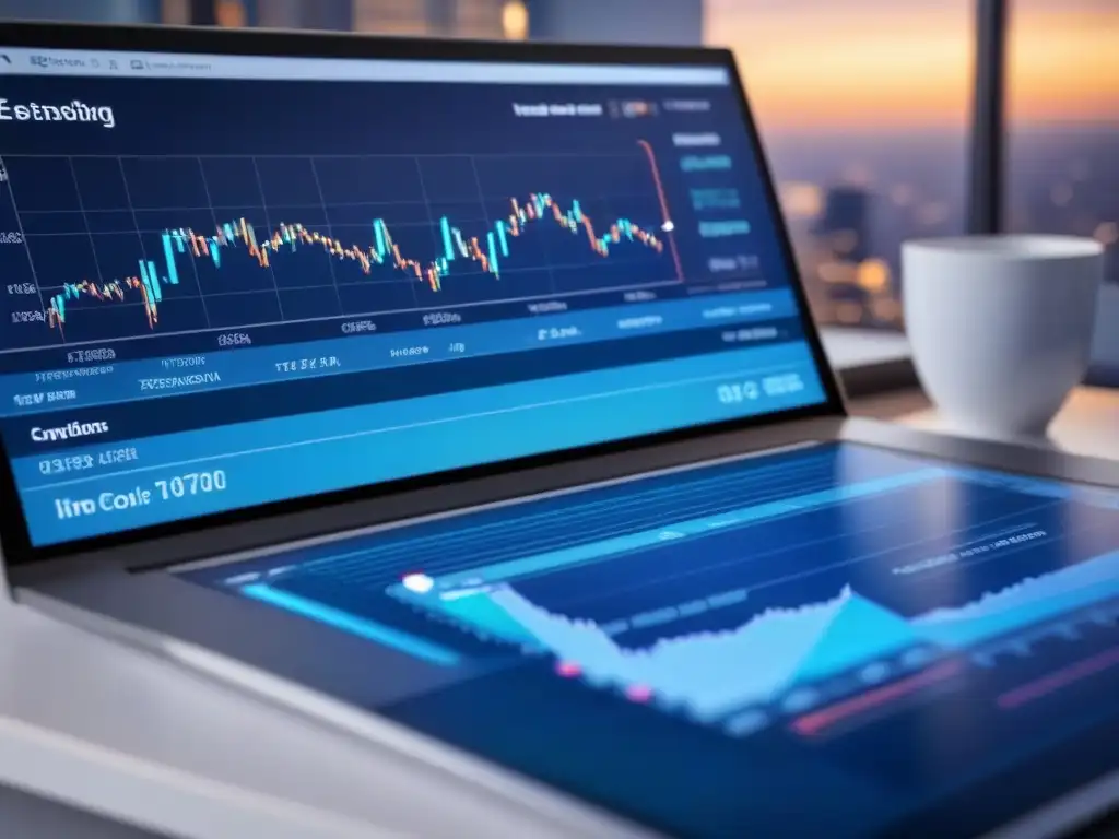 Interfaz digital futurista para inversiones inmobiliarias globales Herramientas digitales para inversionista inmobiliario: Interfaz futurista con datos y gráficos detallados en tonos sofisticados