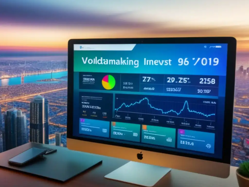 Interfaz digital para inversores inmobiliarios globales: datos y tendencias en tiempo real Herramientas digitales para inversionista inmobiliario: Interfaz moderna con gráficos y tendencias de inversión en colores vibrantes