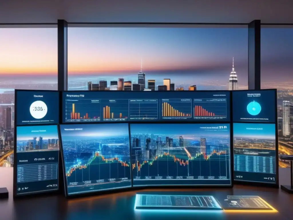 Interfaz digital futurista del mercado inmobiliario global en 8k Herramientas digitales para inversionista inmobiliario: interfaz futurista e interactiva mostrando datos globales del mercado inmobiliario