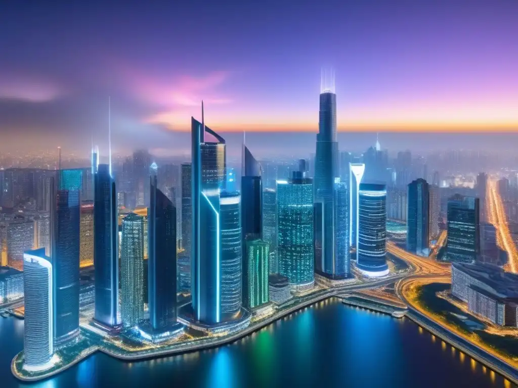 Inversión inmobiliaria futurista con IA en metrópolis nocturna Herramientas IA para inversionistas inmobiliarios: Ciudad futurista con rascacielos iluminados y pantalla de inversión AI