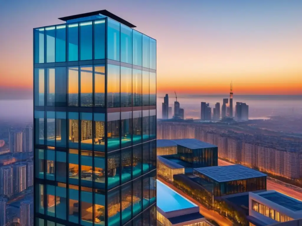 Edificio de cristal innovador en atardecer vibrante Un hito arquitectónico moderno con una fachada de vidrio elegante, reflejando la ciudad en sus paneles cristalinos