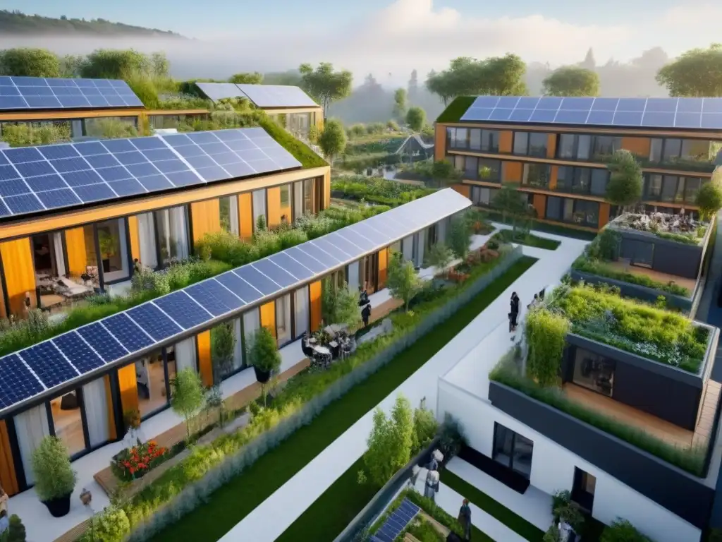 Cohousing futurista: arquitectura eco y comunidad unida Un hogar colaborativo y sostenible con arquitectura ecoamigable y espacios comunales vibrantes, integrando naturaleza y paneles solares