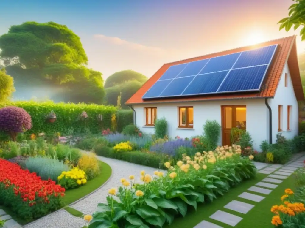 Hogar sostenible rodeado de naturaleza exuberante Hogar ecológico rodeado de jardín vibrante y paneles solares, ideal para inversión en propiedades ecológicas rentables