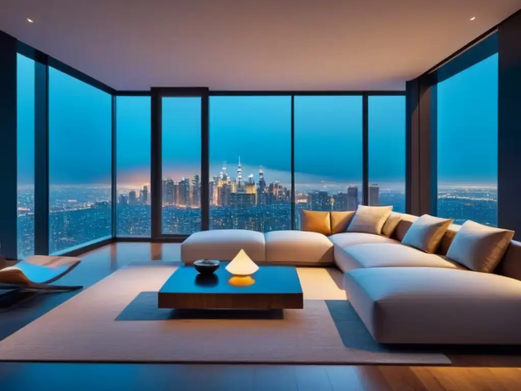 Smart home futurista en sala contemporánea con vista urbana nocturna Un hogar futurista y elegante con tecnología integrada, iluminación ambiental y vista a la ciudad de noche