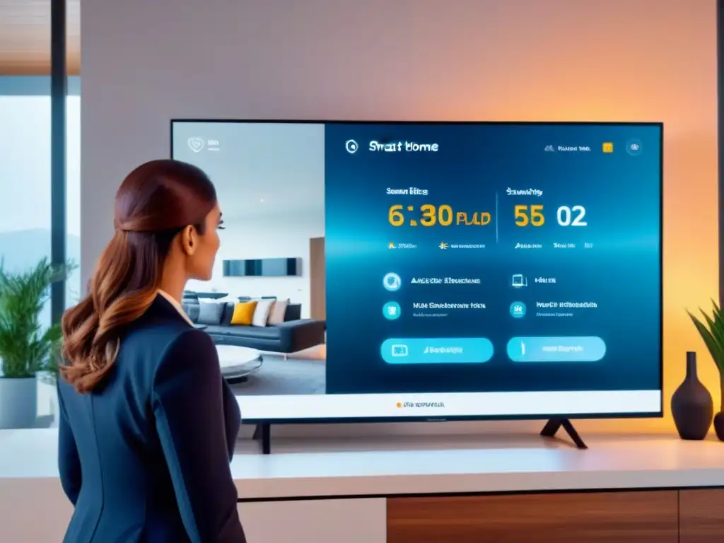 Smart Home Security: Sistema Futurista IoT de Alta Tecnología Un hogar futurista de lujo con un avanzado sistema de seguridad IoT integrado, enfocado en proteger activos