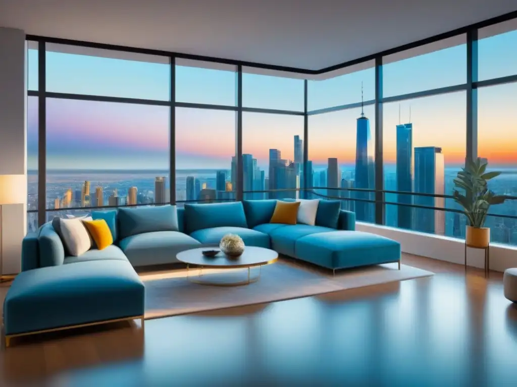 Interior futurista de smart home con AR inmersivo en ciudad norteamericana Un hogar futurista con realidad aumentada mostrando propiedades en Norteamérica