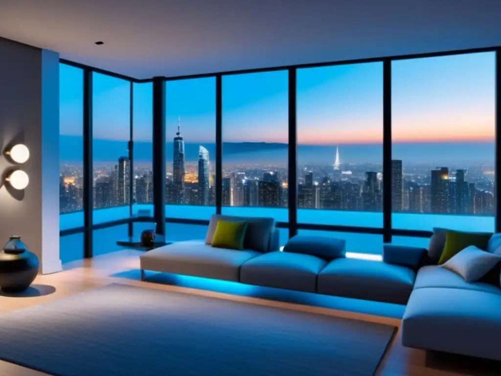 Smart home futurista con vistas nocturnas de la ciudad Un hogar futurista con tecnologías emergentes en renovaciones inmobiliarias, iluminación automatizada y mobiliario minimalista