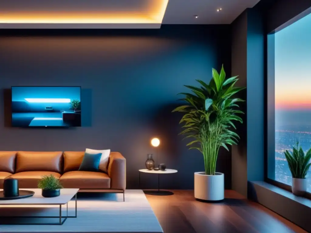 Interior de casa inteligente con sensores de movimiento integrados Un hogar inteligente y elegante con sensores de movimiento integrados, iluminación y tecnología futurista