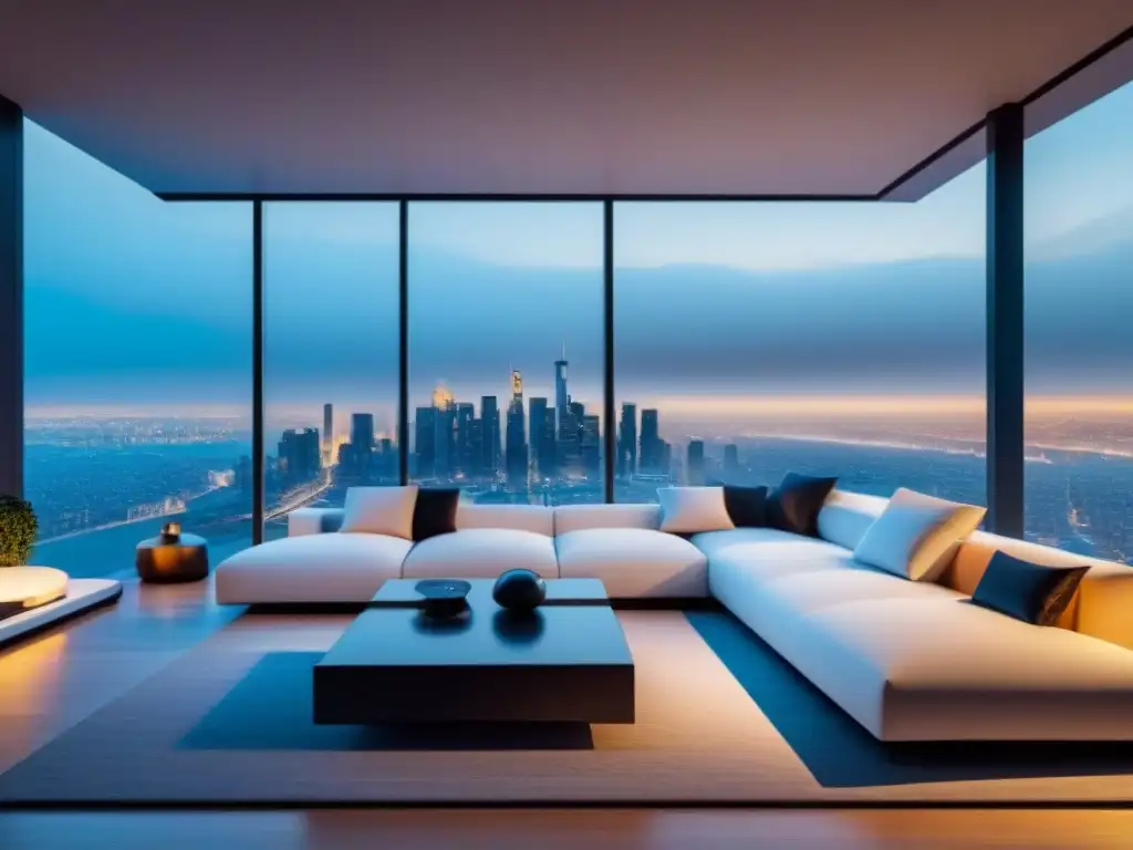 Inversión inmobiliaria: hogar inteligente de lujo en ciudad global Un hogar inteligente futurista en una ciudad internacional, simbolizando la inversión en mercado inmobiliario internacional